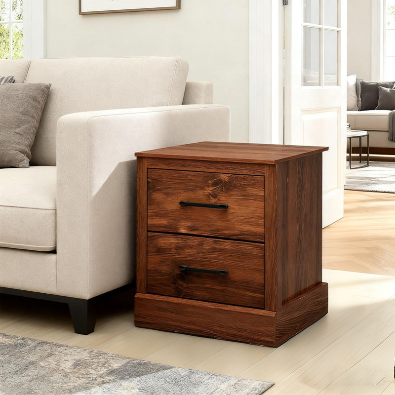 Table de chevet avec tiroirs, table de chevet en bois avec 2 tiroirs de rangement, table de chevet compacte, Noyer