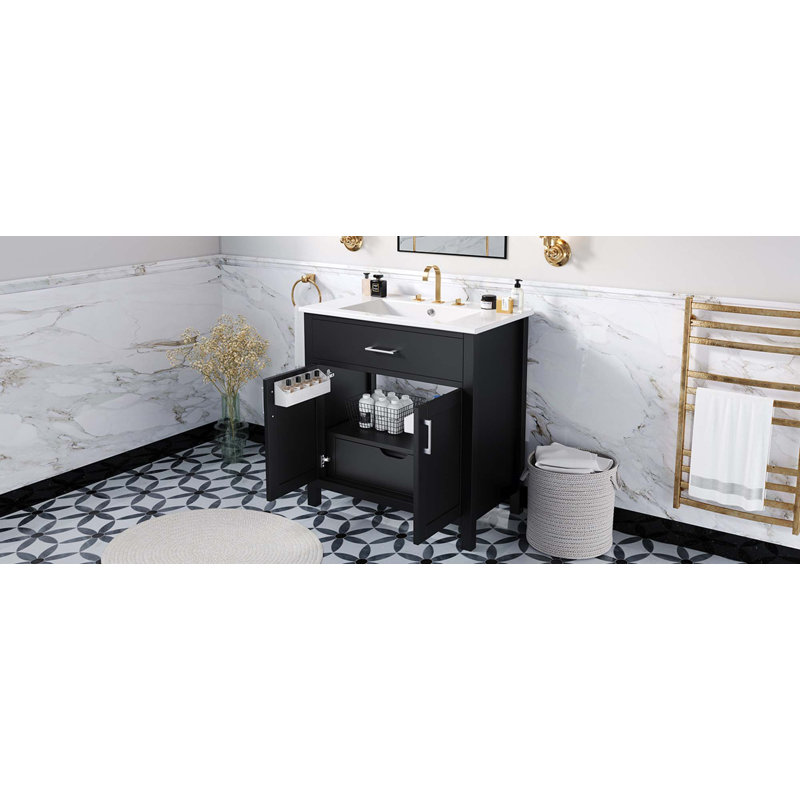 Meuble-lavabo de salle de bain avec lavabo en céramique, 2 portes et 1 tiroir caché, Noir, noir, noir, noir
