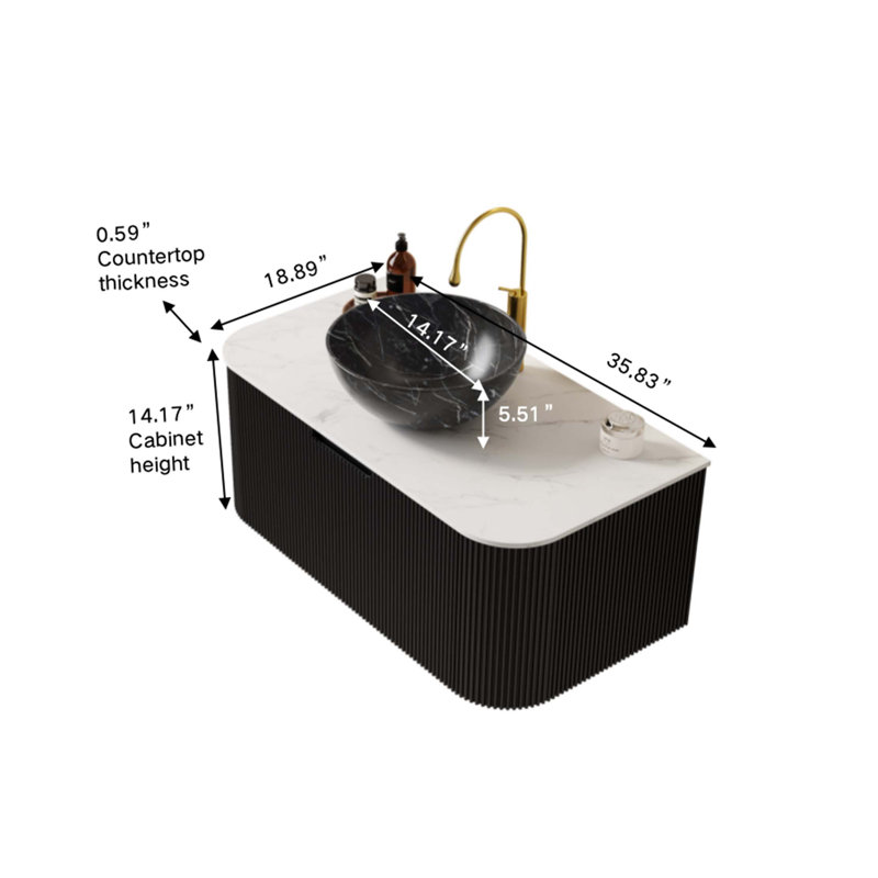 Meuble-lavabo de salle de bain 36 po avec lavabo, cuve flottante murale à bords arrondis avec vasque en céramique à motif de pierre, pré-assemblé