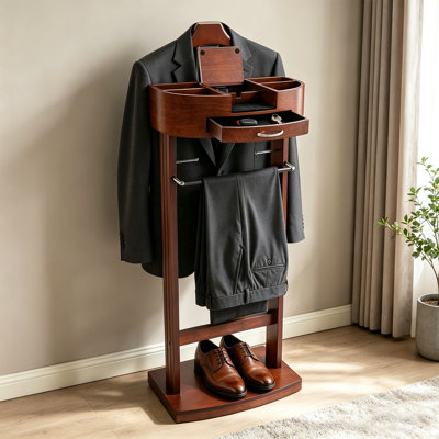 Freestanding Wood Suit Valet Stand, Multi-Functional Clothing Rack with Drawer, Tray & Trouser Hanger, Vintage Brown