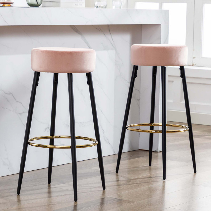 Modern Velvet Bar Stool with Gold Footrest and Black Metal Legs, Counter Height Kitchen Stool, Pink