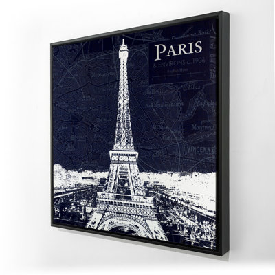 Paris Blue Print & Eiffel Tower - Framed Canvas Bedroom Decor