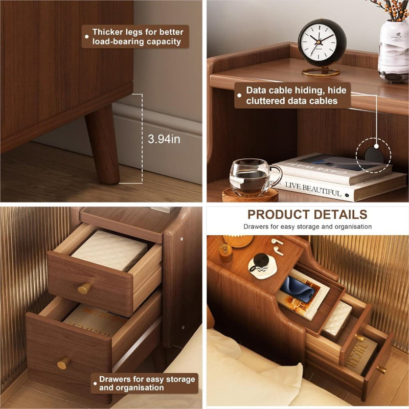 Solid Wood Nightstand With 2 Drawers, Narrow Small Bedside Table For Compact Spaces, Slim Design With Charging Hole And Easy Assembly