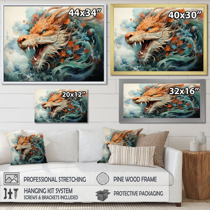 Asian Art Dragons Dance - reproduction d'art, H 34 po x l 44 po x P 1,5 po, Toile tendue