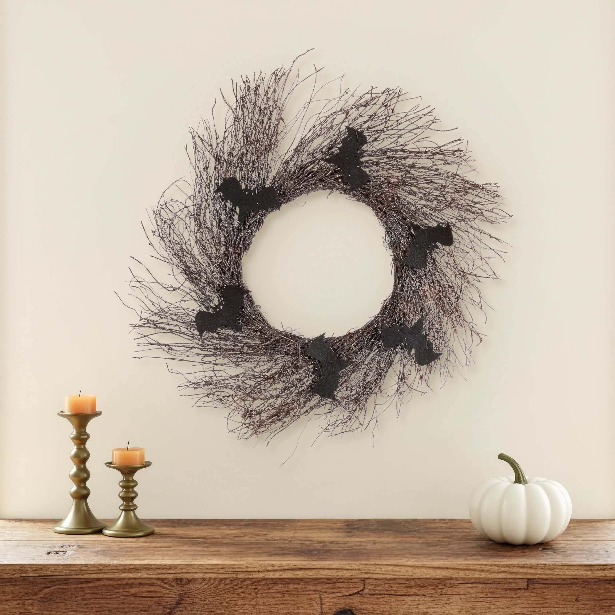 Black Halloween Twig Wreath With Bats And Orange Leds