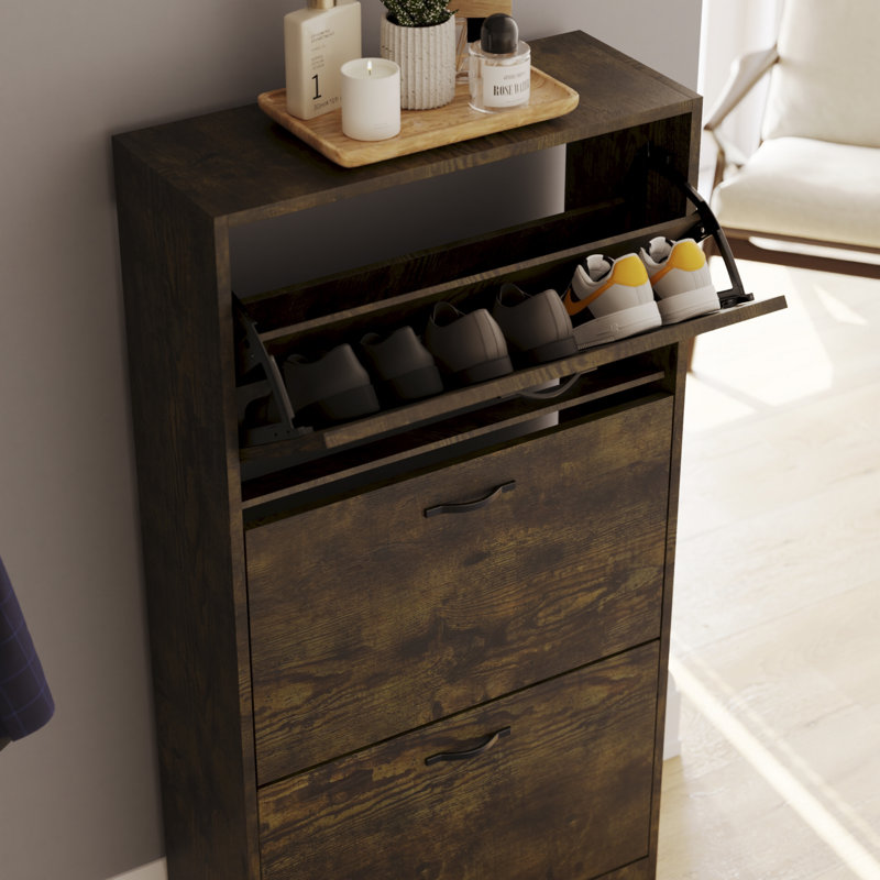 Vida 3 Drawer Flip Down Shoe Storage Free Standing Cabinet For Hallway, 118" H x 60" W x 24" D, Dark Wood