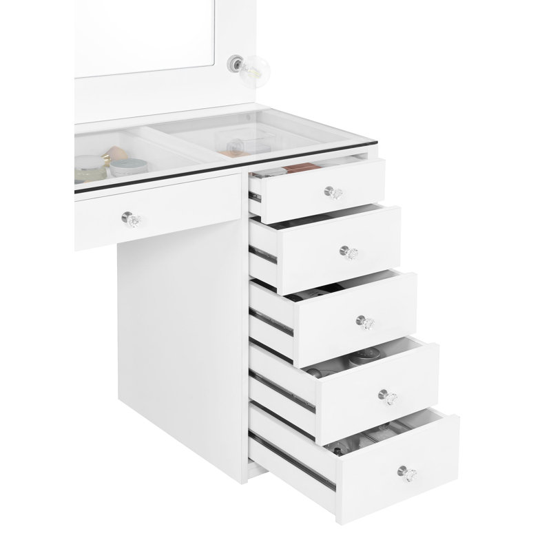 Acena 7-Drawer Vanity Set With Lighting Grey High Gloss, White