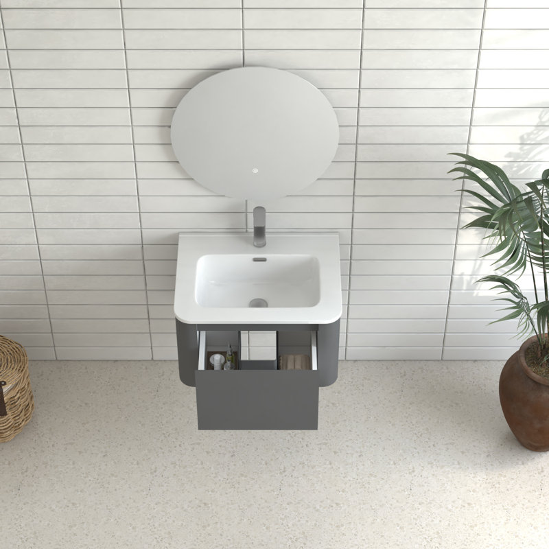 Armoire de salle de bain murale 24 po avec lavabo flottant mural et tiroir en céramique blanche, Gris, 24"
