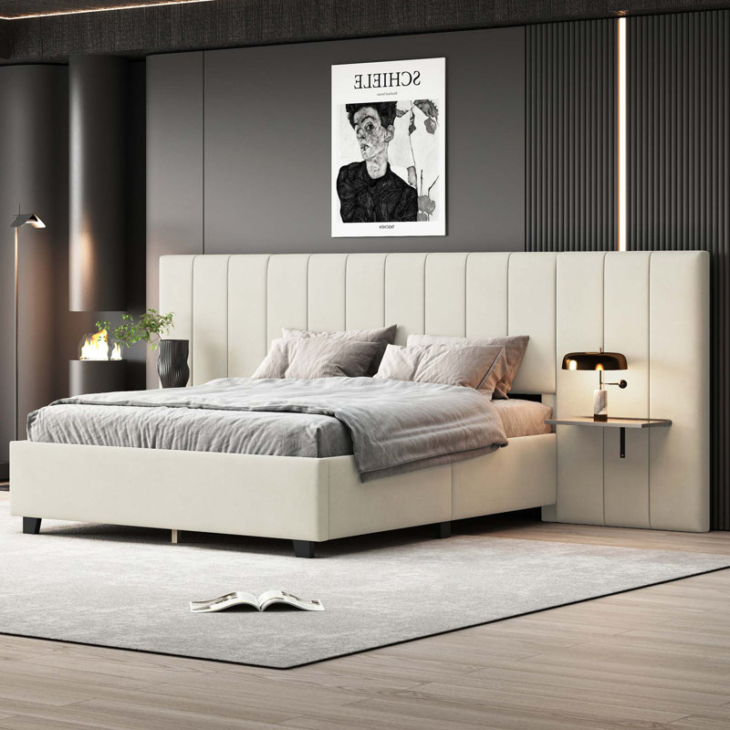 Lit plateforme capitonné Queen Size avec grande tête de lit, mobilier de chambre, velours