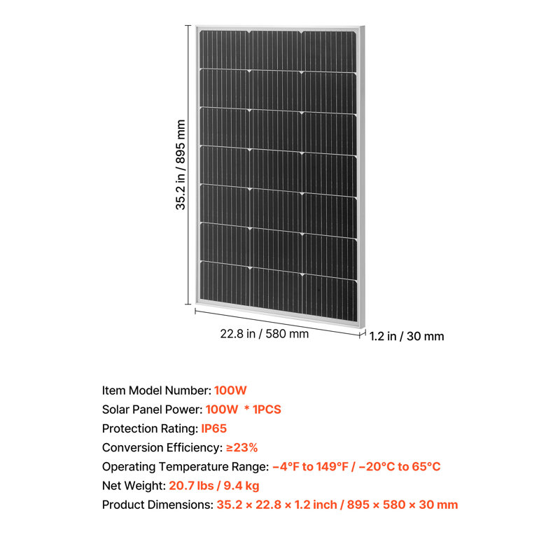 Panneau solaire monocristallin de 100 W, 23% de module PV mono à haut rendement avec sortie MC4 stable et cadre en aluminium, panneau solaire imperméable IP65 pour les applications hors-réseau de toit plat de véhicule récréatif