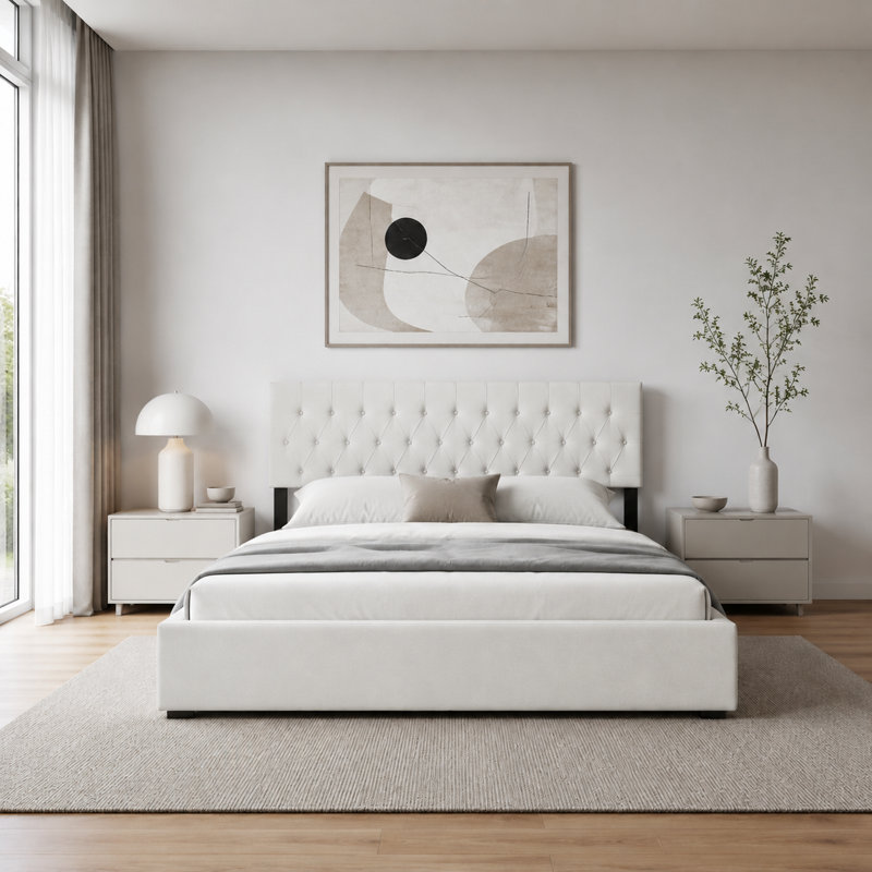 4 Drawers Upholstered Storage Bed, Cream, Queen