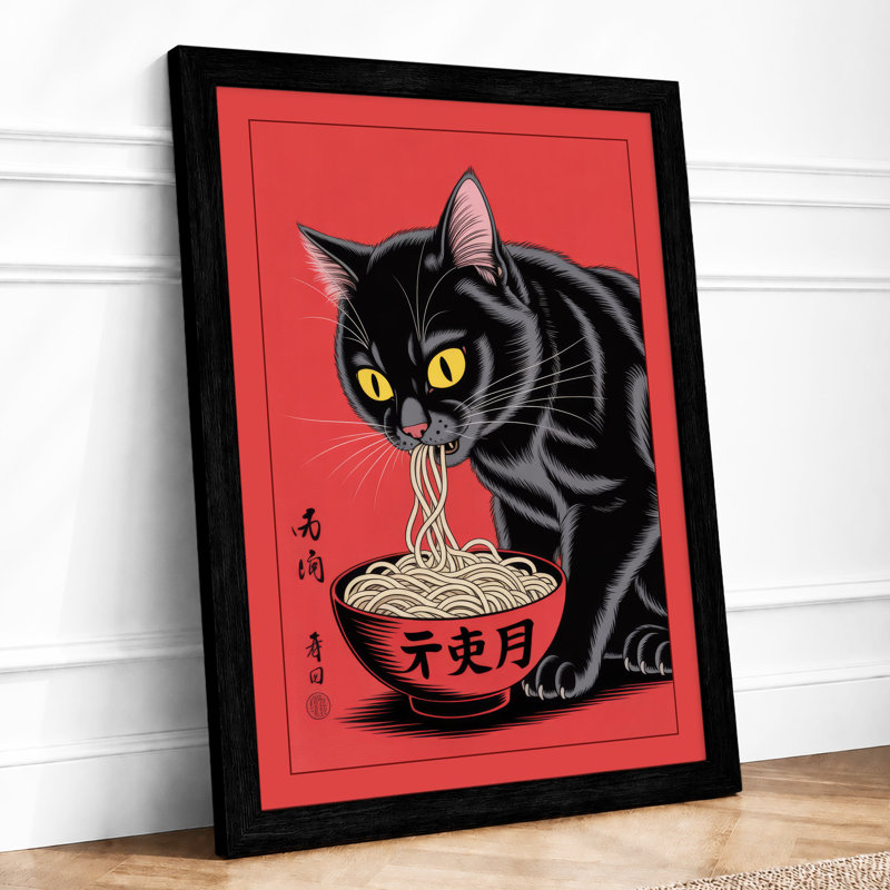 Lucky Cat With Noodles Japandi - Print, A1 - 84.1 x 59.4 cm, Black