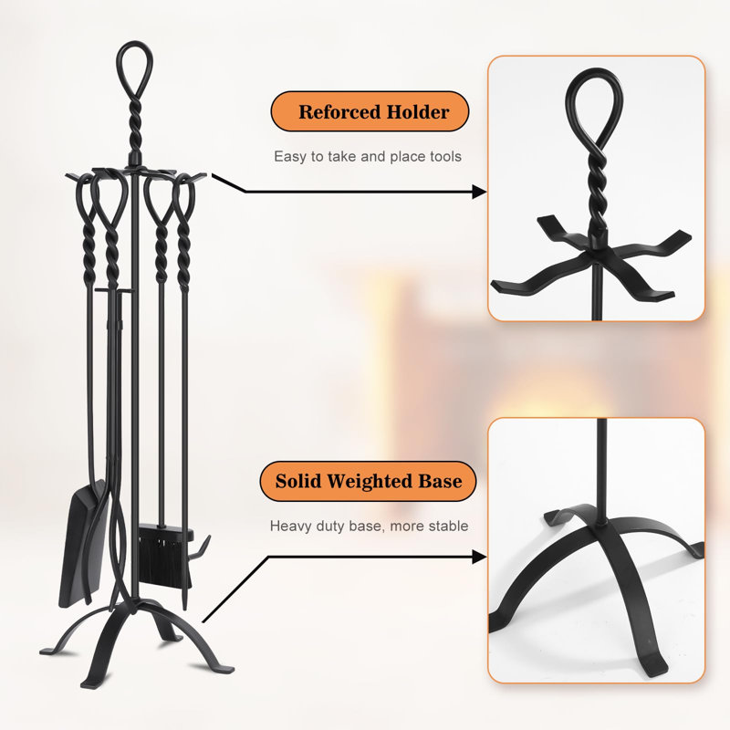 Ensemble d'outils de foyer hauts avec support, comprenant un tisonnier, des pinces, une pelle et une brosse pour cheminées intérieures, poêles à bois et foyers extérieurs, design à manche torsadé, 5 pièces, (noir)