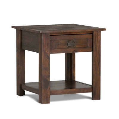 Table de bout en bois d'acacia rustique avec tiroir et tablette ouverte - brun anthracite vieilli