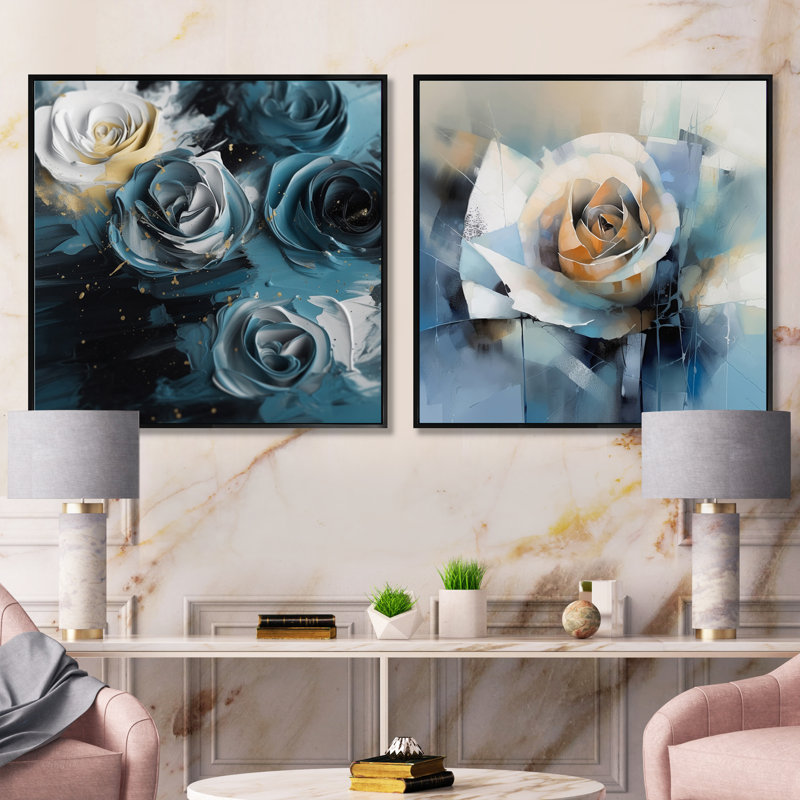 Blue Roses In Bloom - Ensemble de 2 collages carrés roses, Cadre flottant noir, H 30 po x l 61 po