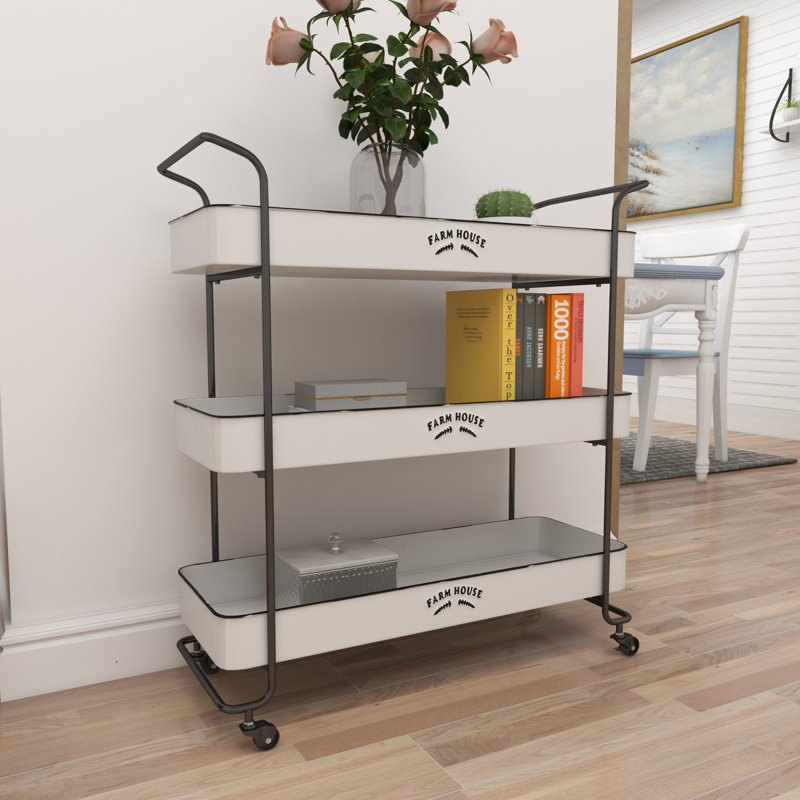 Nitra White Metal Rolling 3 Shelves Kitchen Storage Cart with Farm Fresh Design