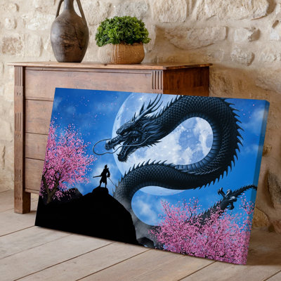 Toile «A Majestic Black Dragon Coils Around Vibrant Pink Cherry Blossom», art mural arbres sous un ciel au clair de lune, créant un art mural saisissant