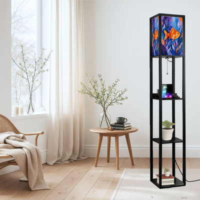 Dimmable LED Standing Floor Lamp Vibrant Orange Goldfish Abstract Blue Purple Floral, MDF Frame Floor Lamp with Remote Control, 3 Color Light, for Living Room Bedroom