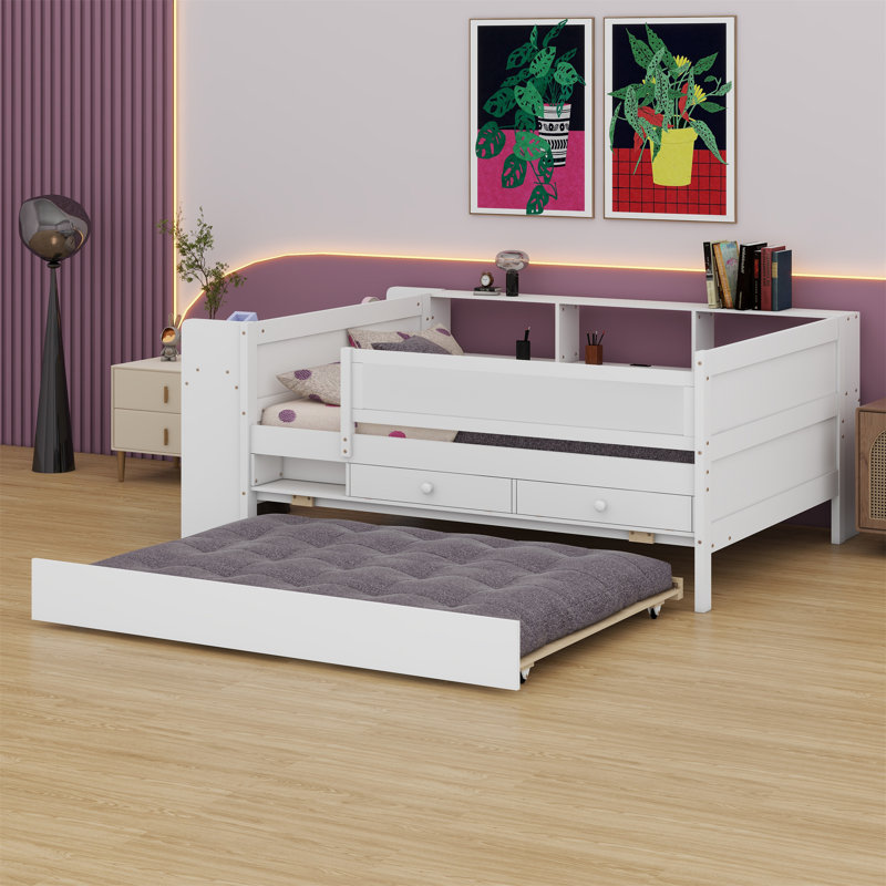 Lit de jour avec lit gigogne, tablettes et tables, station de charge USB, Blanc