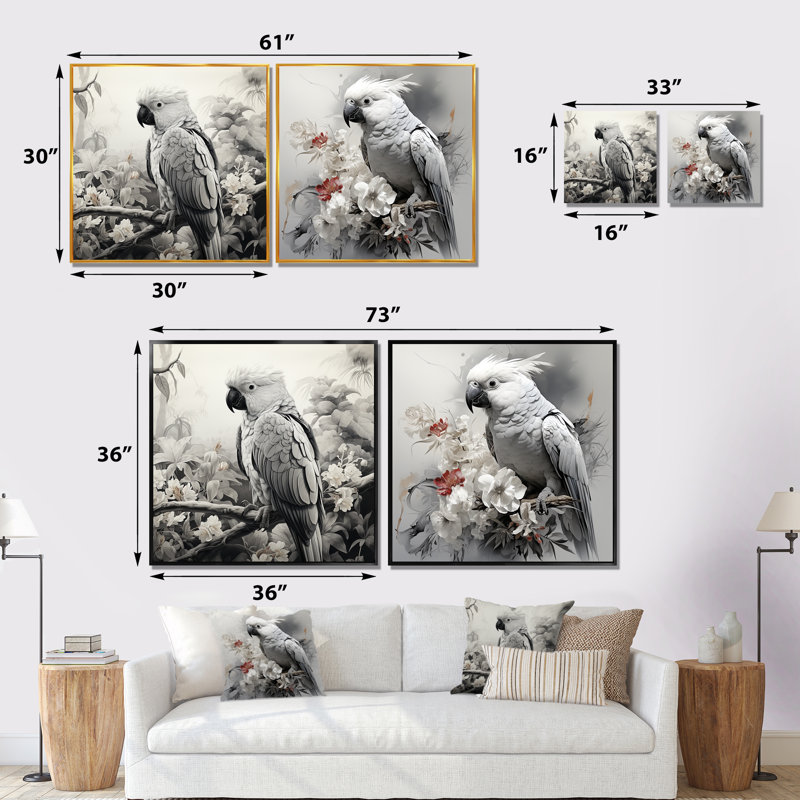 Ensemble de salon mural gris avec perroquet tropical Grace I - 2, H 16 po x l 33 po x P 1 po, Cadre flottant brun