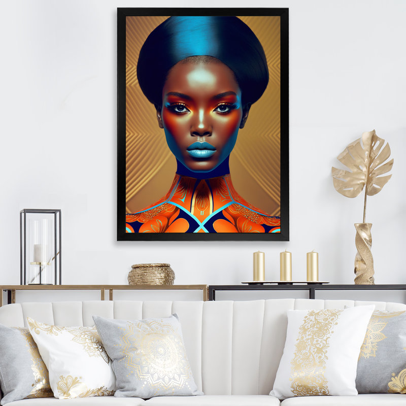 Exquiste «African Woman Design VII», reproduction sur toile, H 20 po x l 12 po x P 1 po, Cadre photo noir