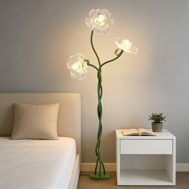 Lampe de plancher réglable à col de cygne avec 3 têtes de lumière et abat-jour en fleurs - 3 températures de couleur pour le salon, la chambre à coucher ou l'éclairage de coin de bureau