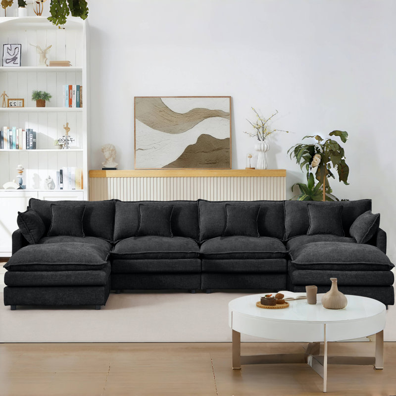 Canapé modulaire spacieux avec repose-pieds mobile, chenille, salon moderne