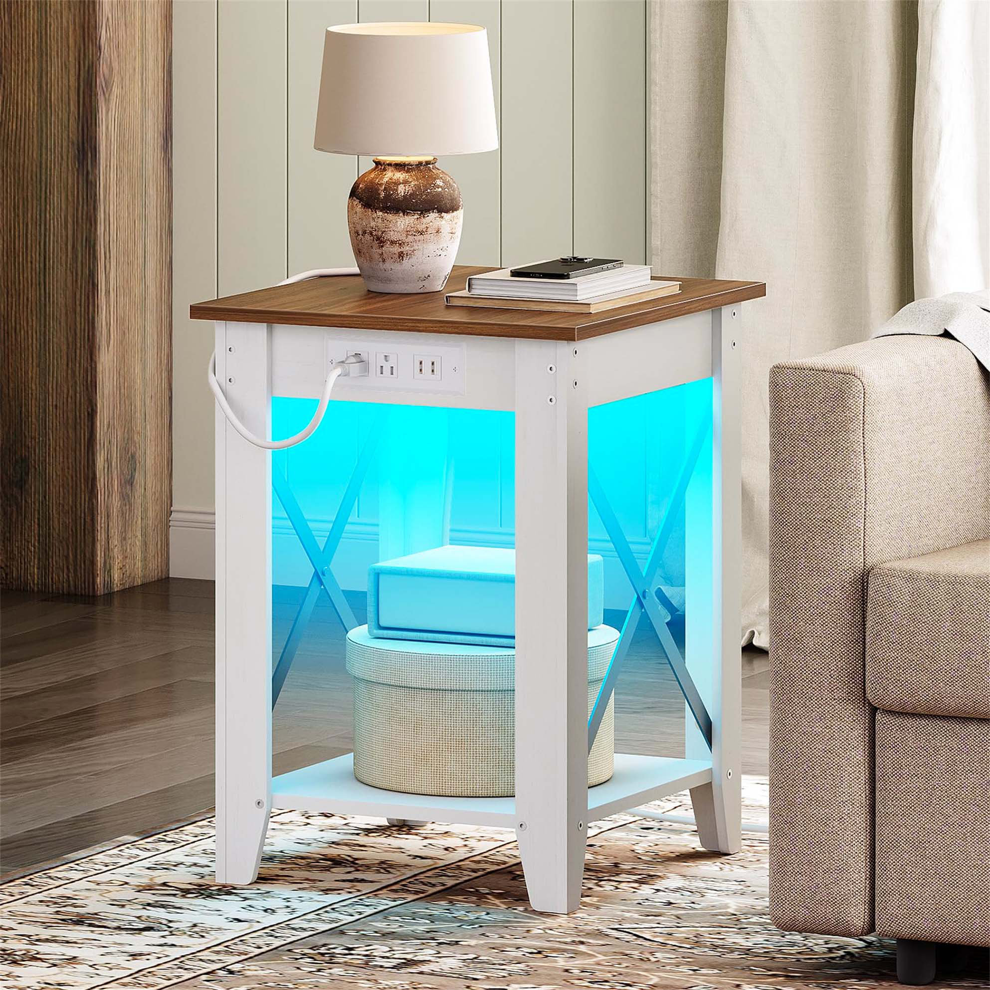 17 Stories Farmhouse Side Table With Charging Station And LED Light ...