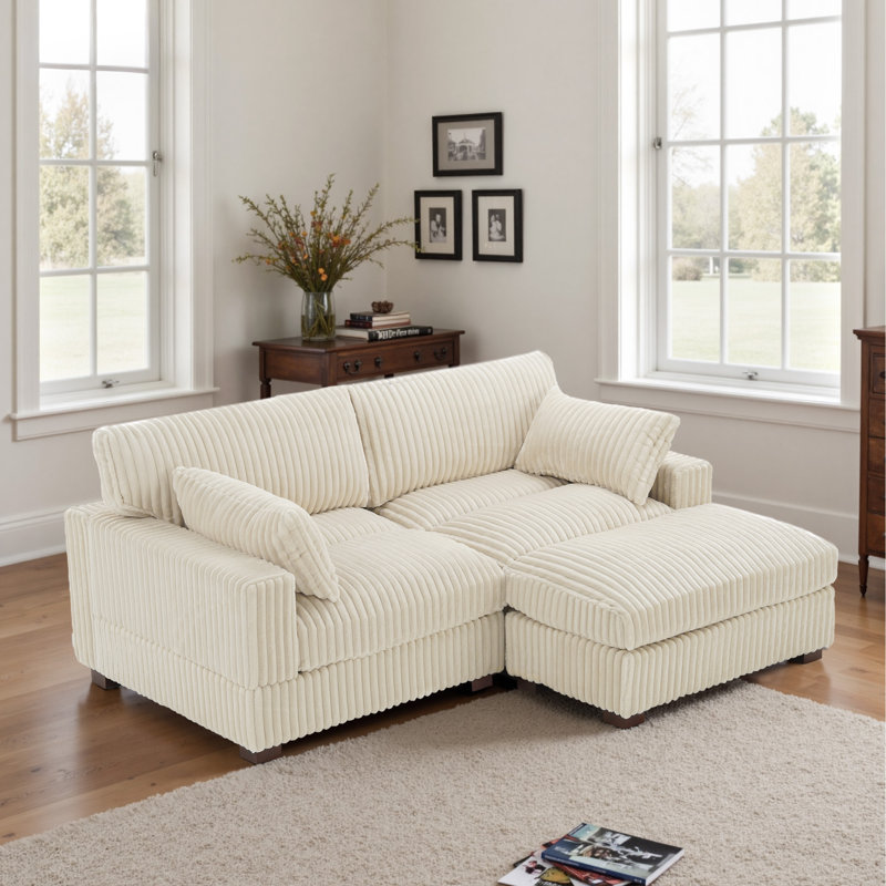3 - Piece Upholstered White Faux Rabbit Fur Flannel Reversible Modular Sofa Living Room Sectional Couch with Ottoman