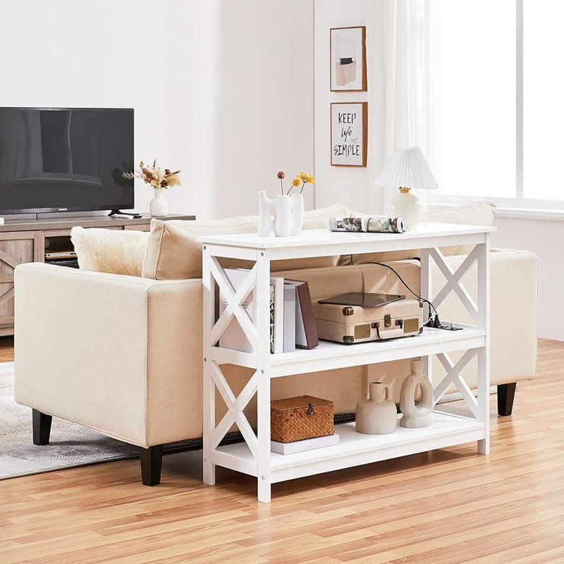 Console d'entrée avec prises, USB et tablettes de rangement - Blanc