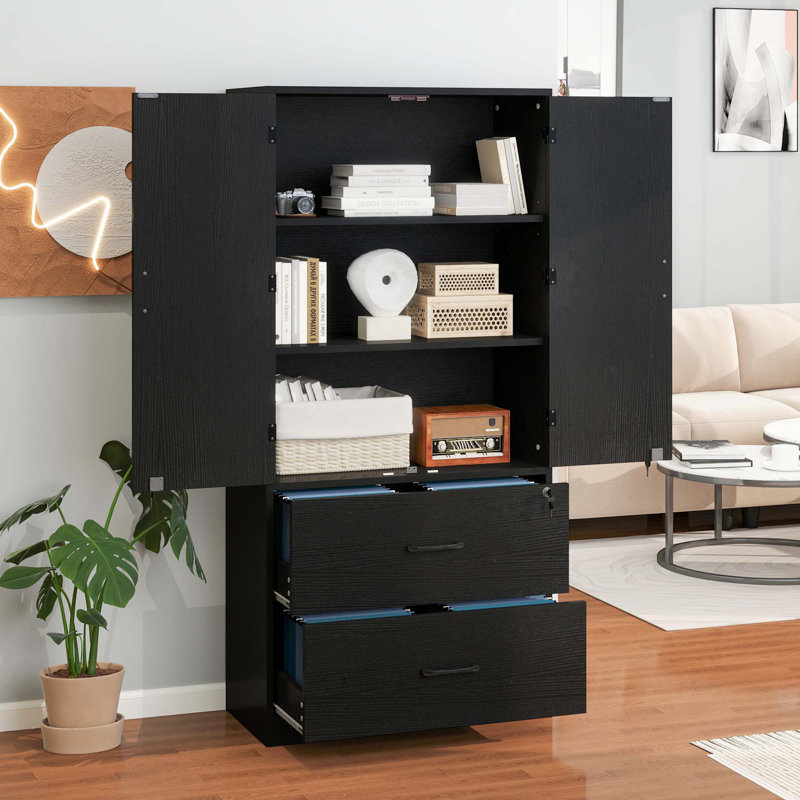 Annya 68'' H 2 -Drawer File Cabinet, Filing cabinet with Lock & Doors & Adjustable Shelves, Black