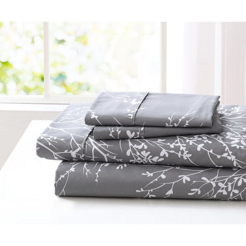 Microfiber Floral Sheet Set, Queen Sheet Set + 1 Fitted Sheet + 2 Pillowcases, White/Light Blue