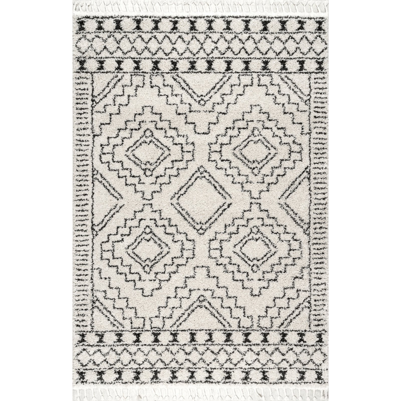 Adry Moroccan Shag Tasseled Cream/Charcoal Area Rug, Rectangle 7'10" x 11'