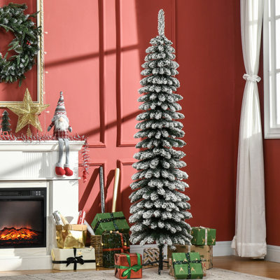 Arbre de Noël artificiel enneigé de 6 pieds de haut, conception de crayon mince avec branches réalistes et 395 pointes, ignifuge, rangement facile à assembler, style, branches en plastique, assemblage, poids léger