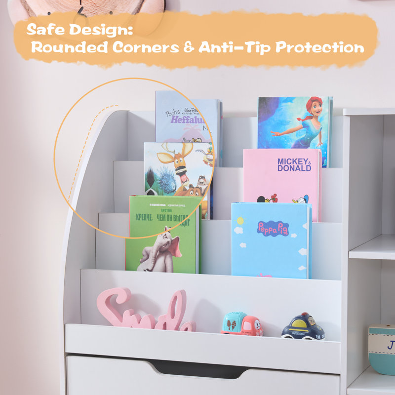 58.5" W  Extra Wide Kids Bookshelf and Toy Storage Organizer with Rolling Toy Bin, Montessori Playroom Storage Bookcase with 8 Cubbies & Fabric Bin for Bedroom and Nursery,White