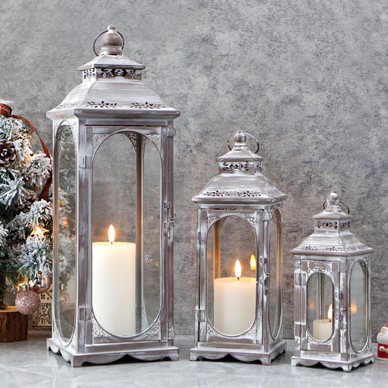 Set of 3 Vintage Candle Lanterns 26/35/50 cm High, Grey