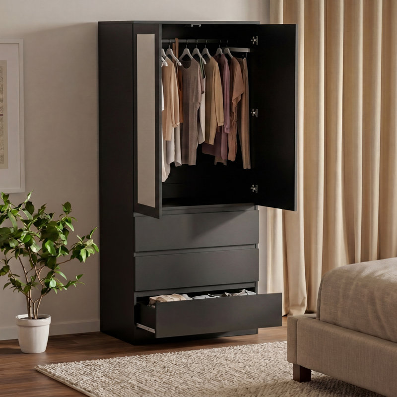 Modern 2 Door 3 Drawer Mirrored Wardrobe for Bedroom Storage & Organisation, Black
