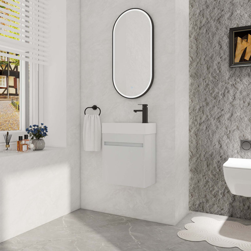 Meuble-lavabo flottant mural avec lavabo, Grain droit blanc