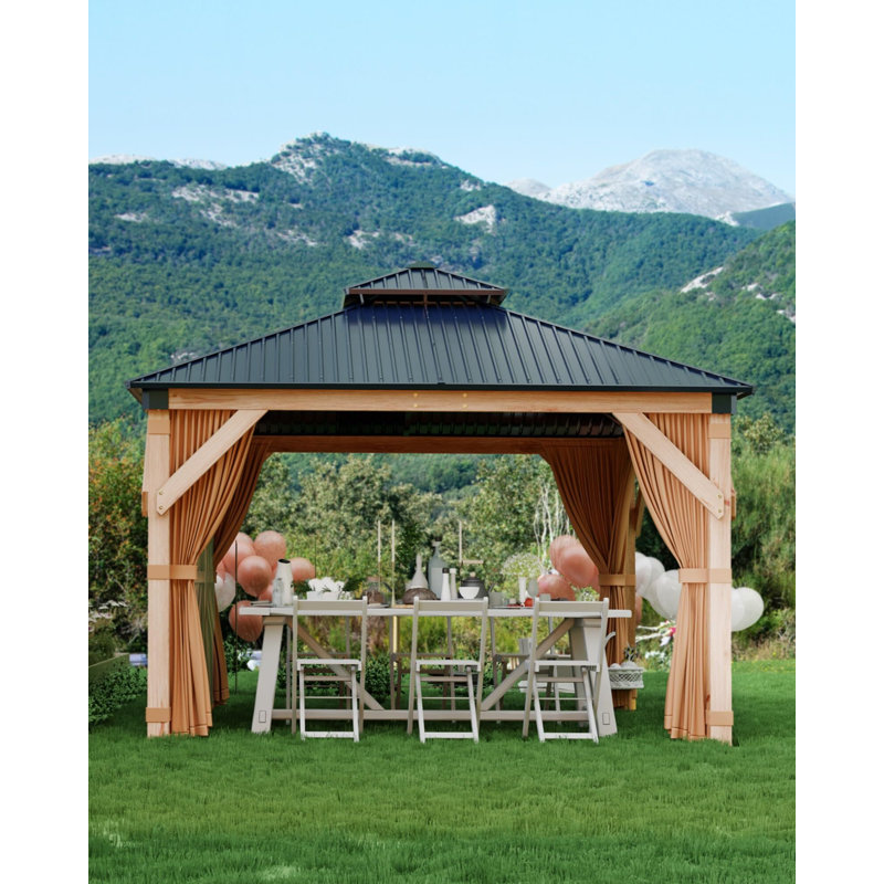 Abri de jardin en bois dur 10 pi x 10 pi pour tous les temps, avec double toit en métal, structure en bois robuste, filet et rideau, bâtiment permanent pour patio, terrasse, cour, jardin et jardin