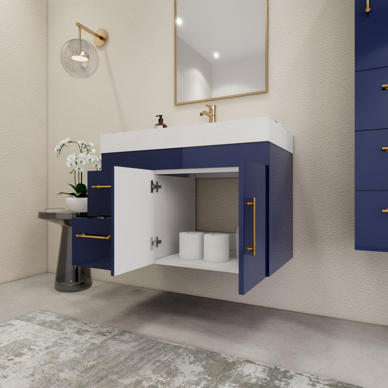 35.4" Wall-Mounted Single Bathroom Vanity Set, Night Blue