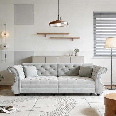 Oversized Chesterfield Pull Out Sofa Bed, Classic Roll Arm Velvet Couch with Flower Tufting