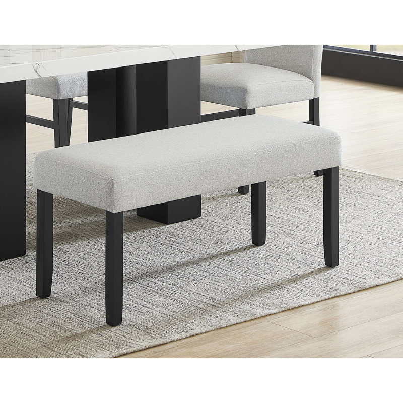 Banc contemporain gris avec siège, tissu neutre doux, finition foncée pour les pieds de la salle à manger et la pièce en tissu, style