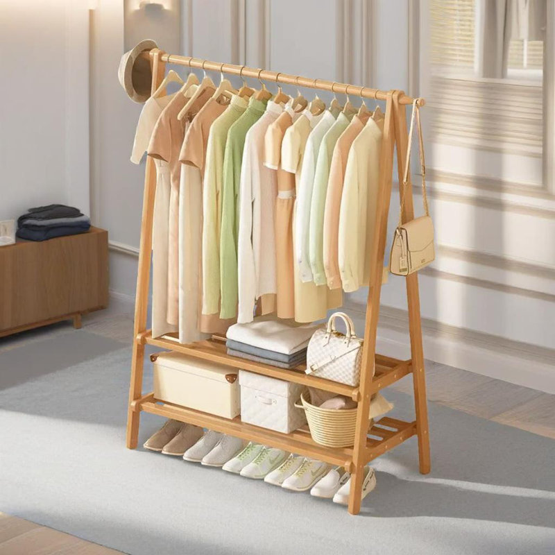 Anjola Bamboo Folding Open Wardrobe Garment Rail With Storage Shelf