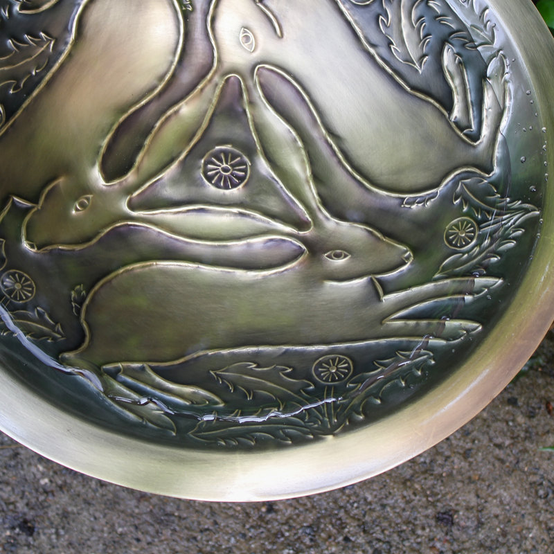 Antique Brass Three Hares Birdbath with Black Iron Stand