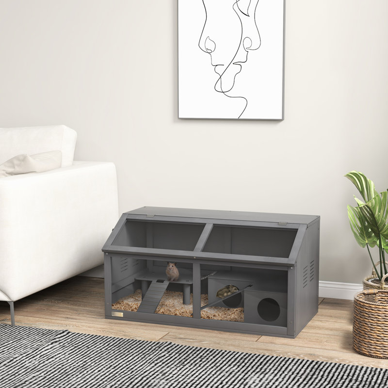 Small Animal Enclosure With Hut And Storage Space, 33.5"X17.7"X17.3", Charcoal Grey Enclosure, Spacious Interior, For Hamsters ,