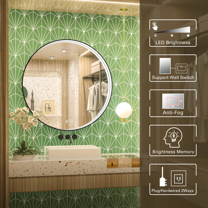 Akhiya Black Metal Frame LED Round Vanity Mirror with Lights, with Anti-Fog Dimmable Function, 36" x 36"