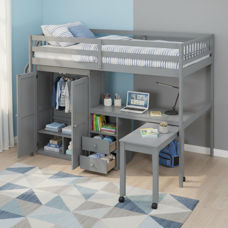 Lit mezzanine avec rangement et bureau, Double, Gris