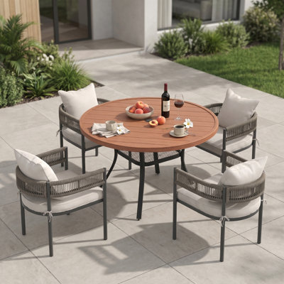 4 Person Round Outdoor Dining Set With Cushioned PE Rattan Chairs