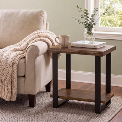 Solid Wood Side Table with Live Edge, Industrial Metal Side Table with Storage, 2-Tier Bedside Table NightStand for Bedroom, Living Room
