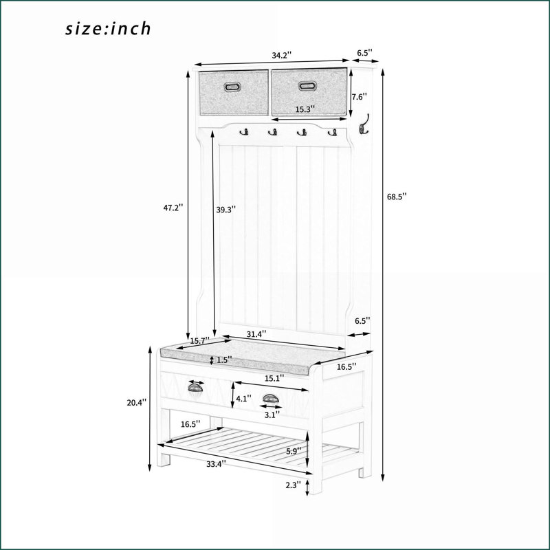 Coat Rack with Storage Bench, 3-in-1 Hall Tree with 6 Hooks &amp; Hinged Lid, 69-Inch | Brown | MDF, Brown